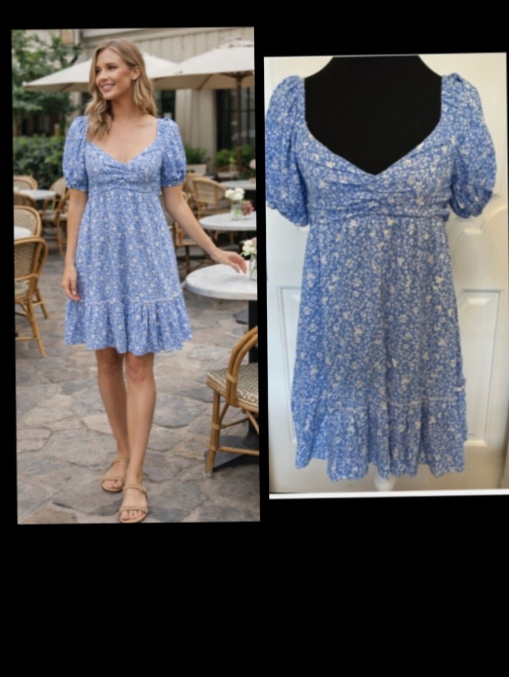 Altar'd State Blue and White Floral V-Neck Tiered Mini Dress Size Large